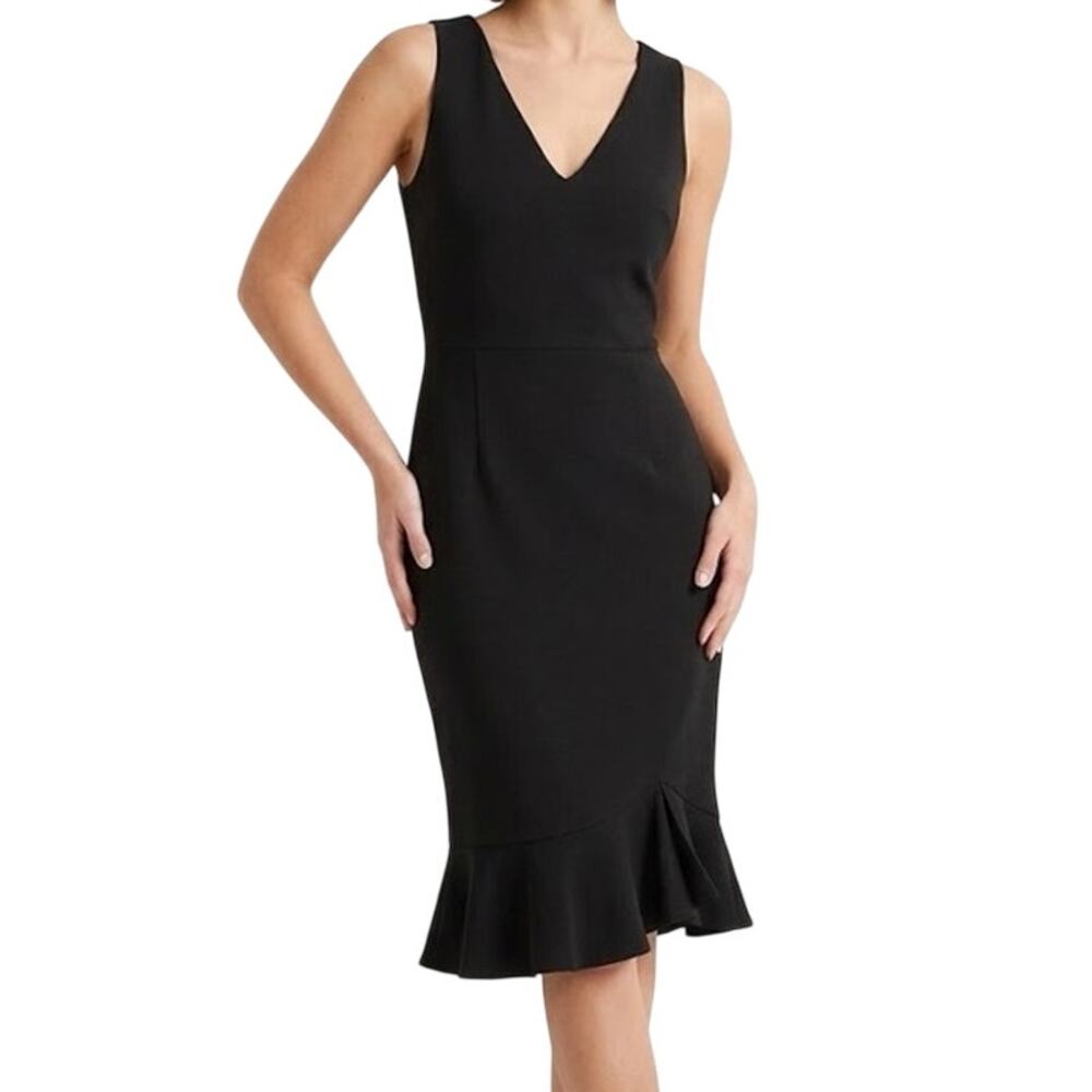 Betsey Johnson Black Scuba Crepe V-Neck Flounce Hem Midi Dress 6 Event Occasion